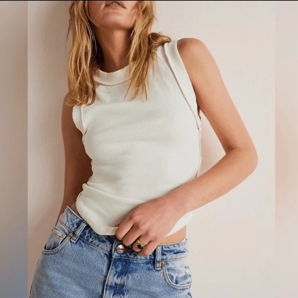 We The Free People Ivory Ribbed Muscle Kate Tank Top Small Festival Boho